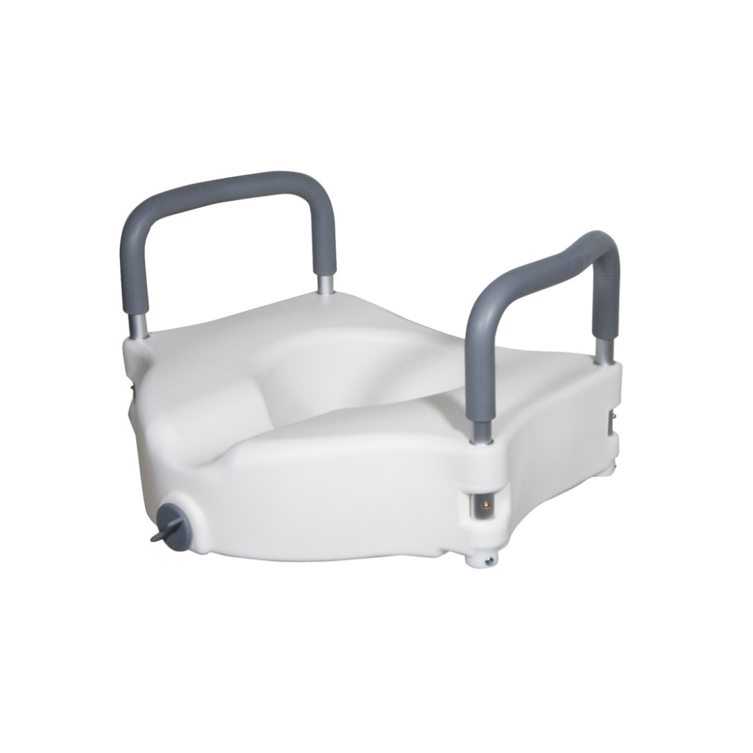 The Drive 2-in-1 Locking Raised Toilet Seat with Removable Arms offers a 5" rise and gray, tool-free armrests to assist those with mobility challenges by increasing toilet seat height for added comfort and support.